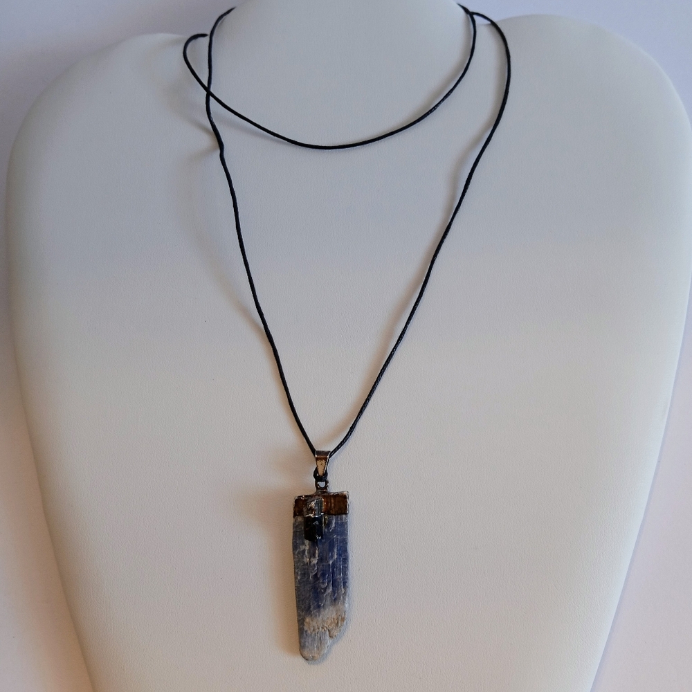 Blue Kyanite Necklace Tourmaline w/ Black Cord Calming Mind Peace Slip Over